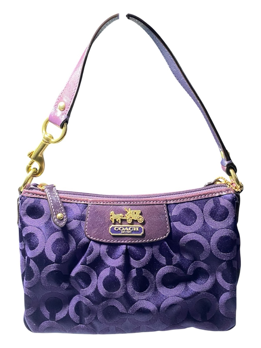 Coach Purple Signature Satin Wristlet with Gold Hardware